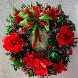 BEAUTIFUL NEW 30" LIGHTED HANDMADE RED & GREEN CHRISTMAS WREATH